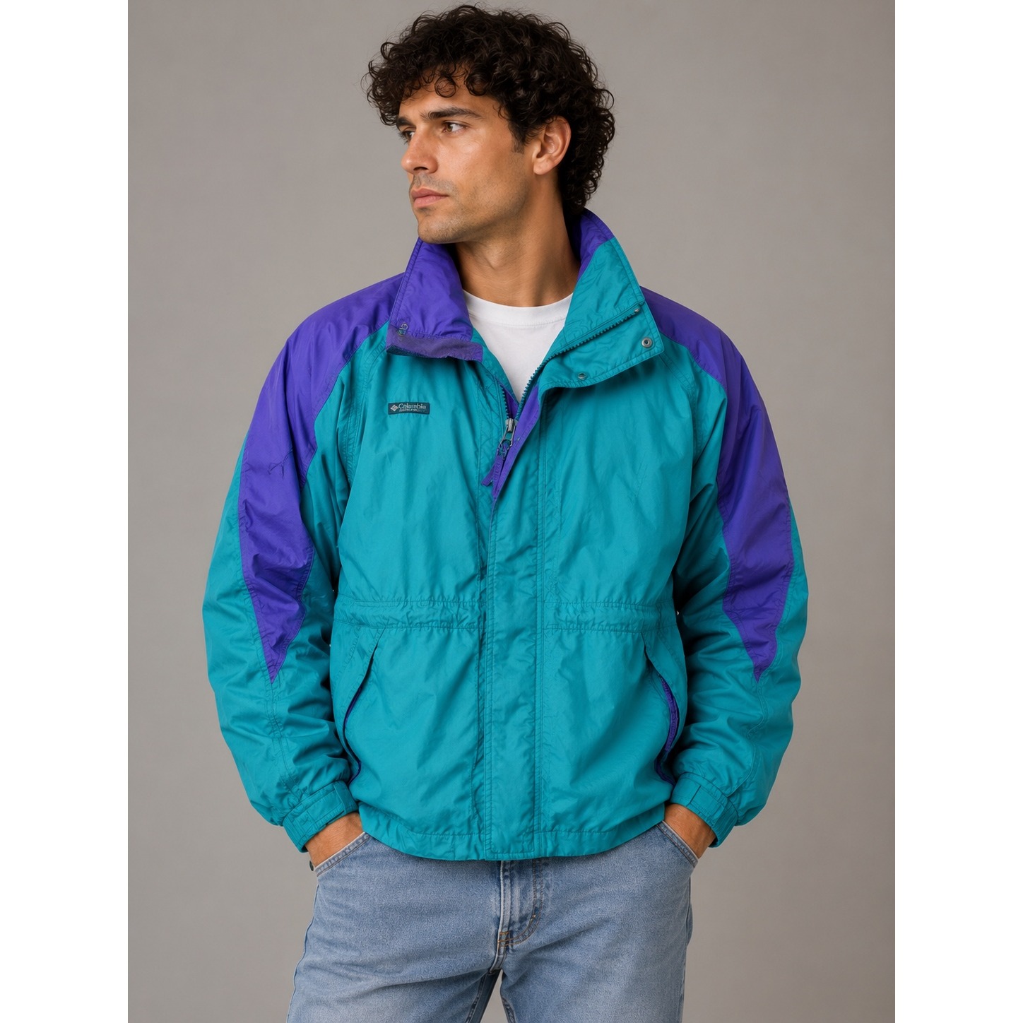 Vintage Columbia Double Whammy Jacket Mens Large Teal Purple Color Block Shell